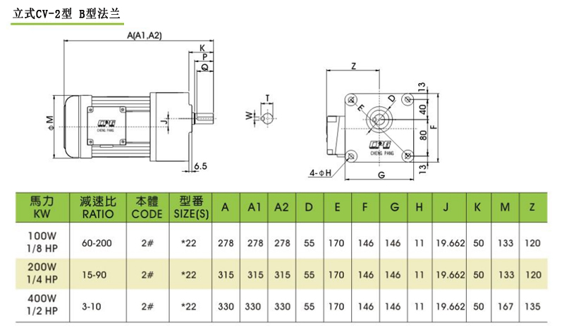 晟邦齒輪減速馬達立式CV-2型 B型法蘭安裝尺寸圖