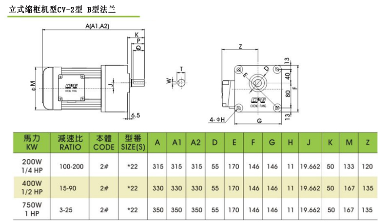 晟邦齒輪減速馬達(dá)縮框型立式CV-2(B型法蘭)安裝尺寸圖