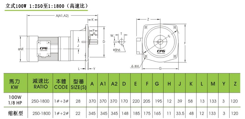 CPG晟邦齒輪減速馬達(dá)立式100W 高速比1:250至1:1800安裝尺寸圖