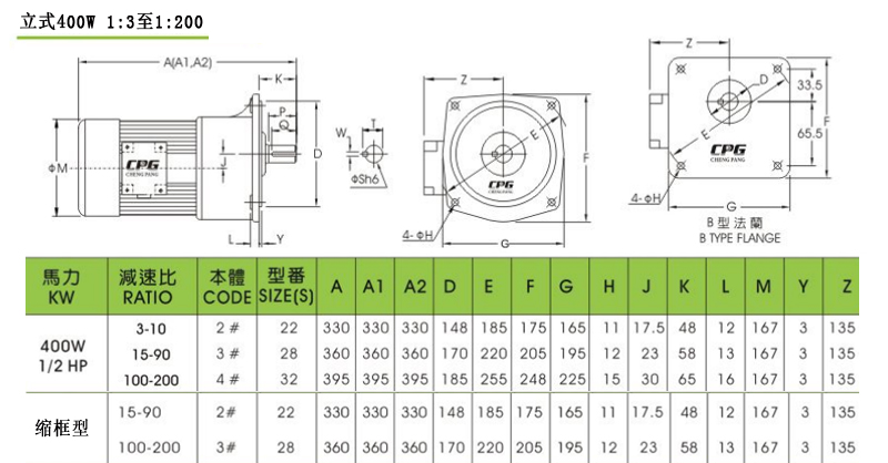 CPG晟邦齒輪減速馬達(dá)立式400W 1:3至1:200安裝尺寸圖