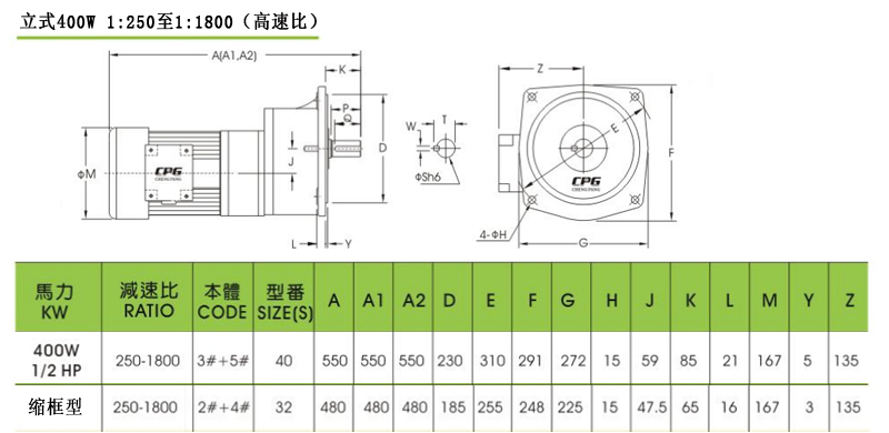 CPG晟邦齒輪減速馬達(dá)立式400W 1:250至1:1800安裝尺寸圖