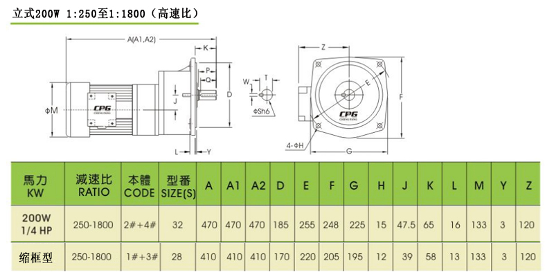 CPG晟邦齒輪減速馬達(dá)立式200W 1:250至1:1800安裝尺寸圖