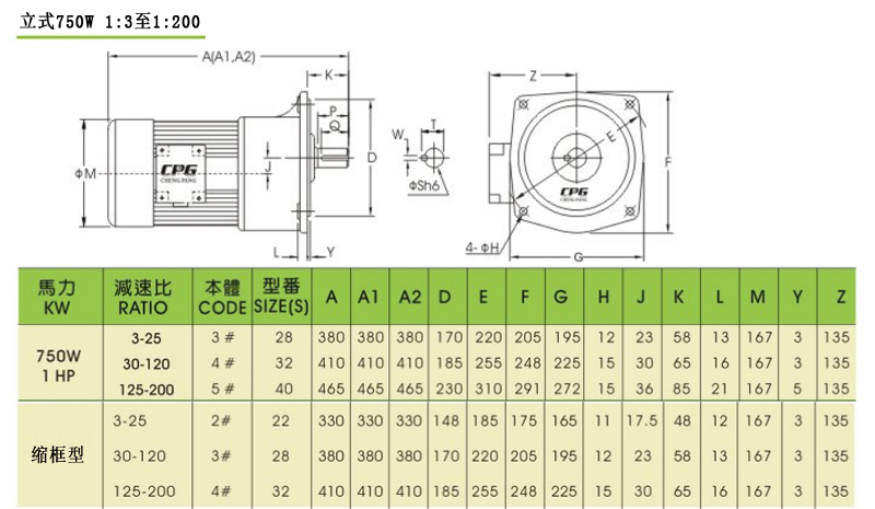 CPG晟邦齒輪減速馬達(dá)立式750W 1:3至1:200安裝尺寸圖