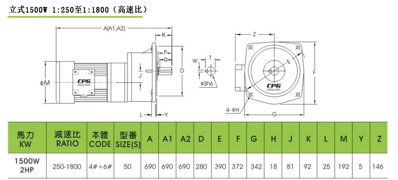 CPG晟邦齒輪減速馬達(dá)立式1500W 1:250至1:1800安裝尺寸圖