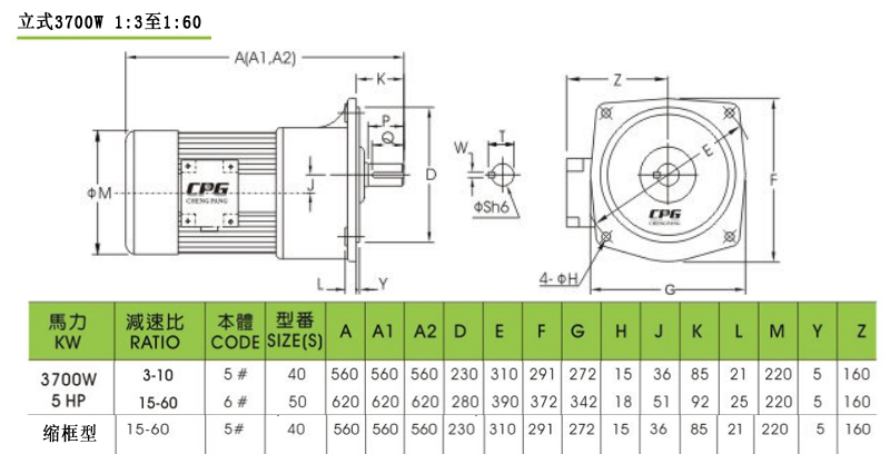 CPG晟邦齒輪減速馬達立式3700W 1:3至1:150安裝尺寸圖